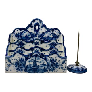 Delft Pattern Blue and White Letter Holder and Receipt Spindle For Sale