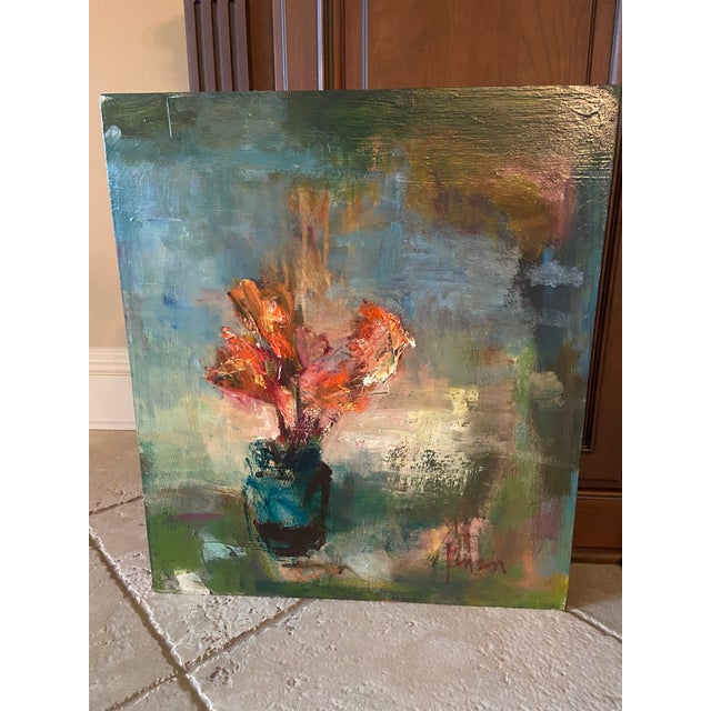 This is an original oil painting on board entitled “Mommy’s Vase, Flame Azaleas” by Kenson Thompson. Colors are primarily...