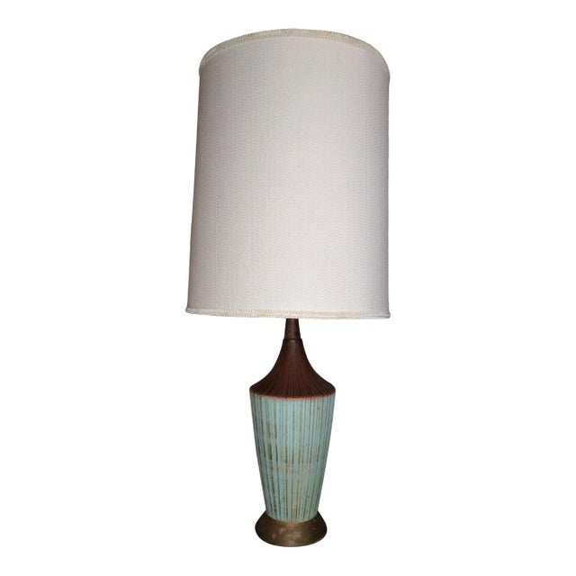 Mid Century Danish Modern Green Striped Atomic Pottery Table Lamp For Sale