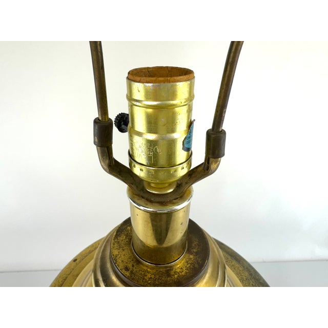 Mid 20th Century Hollywood Regency Chinoiserie Brass Table Lamp With Embossed Landscape Motif on Wood Base For Sale - Image 11 of 13