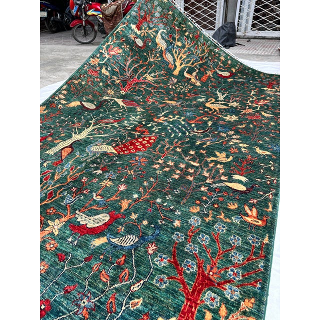 Green Green Afghan Pictorial Peacock & Bird Garden Hand-Knotted Wool Rug - 9'11" X 6'6" For Sale - Image 8 of 12