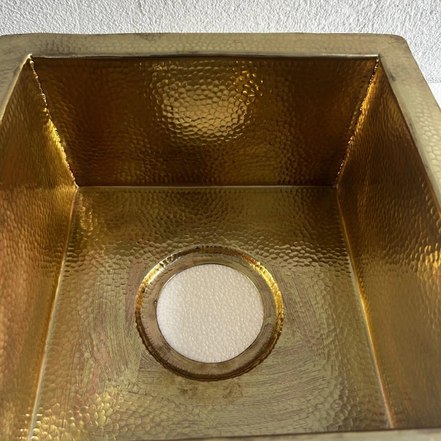 Brass Farmhouse Country Square Brass Hammered Finish Drop-In Sink & Brass Drain For Sale - Image 8 of 10
