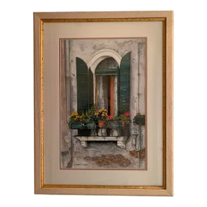 Late 20th Century Framed Realist Italy Merano Venice Window Watercolor Painting