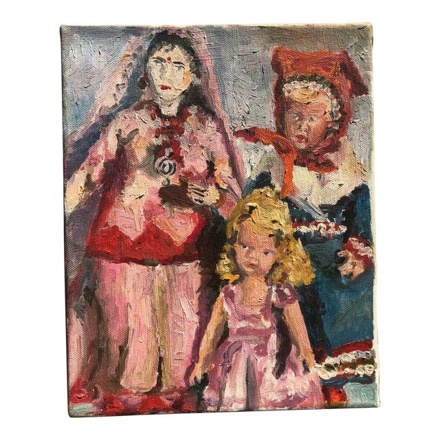 Vintage Dolls in European Folk Costumes Oil Painting For Sale