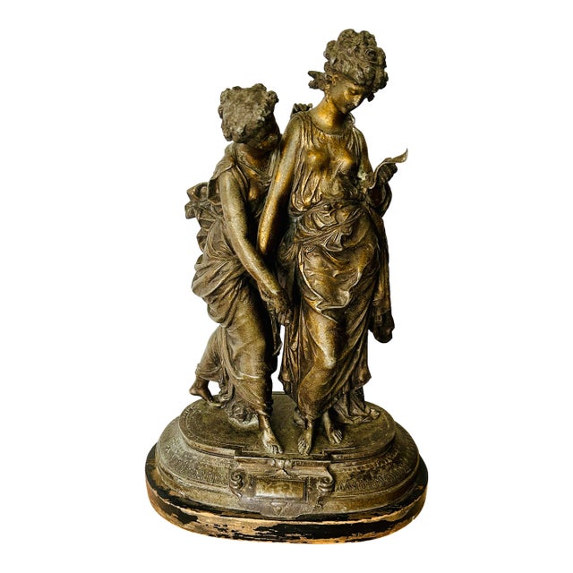 Early 20th C Grecian Maiden Statue ‘Confidence’ in Patinated Spelter, Wood Base For Sale