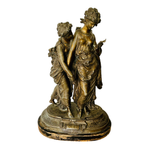Early 20th C Grecian Maiden Statue ‘Confidence’ in Patinated Spelter, Wood Base
