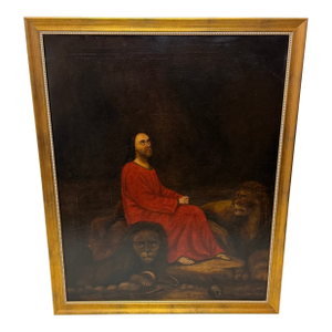19th Century Biblical Mythology Oil Painting Daniel in the Lions' Den Attributed to Isaac Findler, Signed & Dated 1881