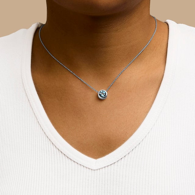 .925 Sterling Silver 7MM Bezel Set Created Blue Topaz Pendant Necklace - 18" Inches For Sale - Image 4 of 5