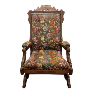 Early 1900s Bohemian Eastlake Chair With Floral Chenille and Nailhead Trim