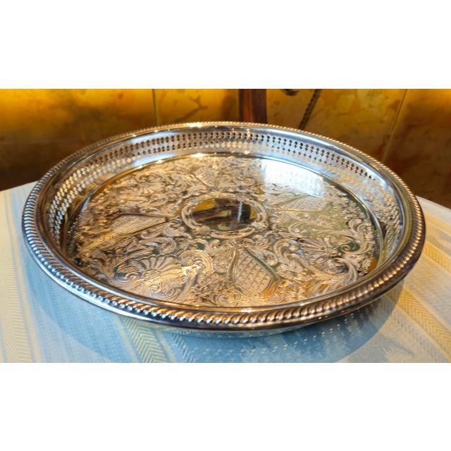 Silver Vintage Marlboro Silver Plated Round Footed Serving Tray With Gallery Rim and Etched Scroll Design For Sale - Image 8 of 9