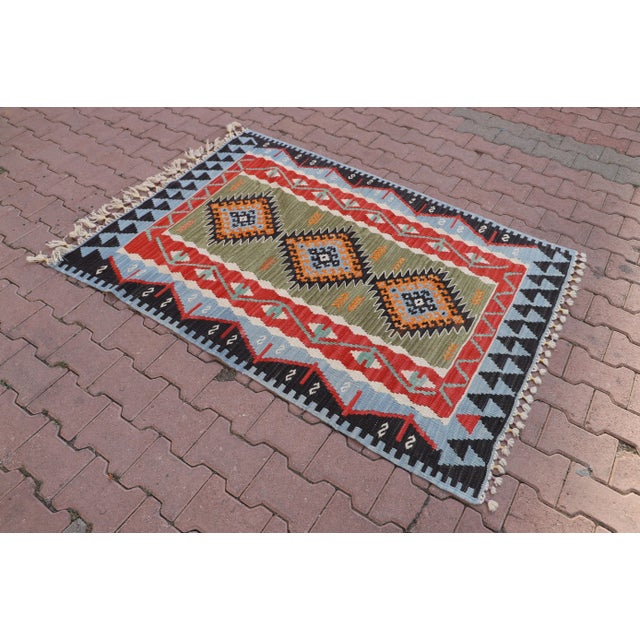 1970s Mid-Century Modern Blue Kilim Rug Size: 3.9 x 5.4 ft (120 X 167 cm) 47 x 66 inches Color: Blue, Green, Red, Brown,...