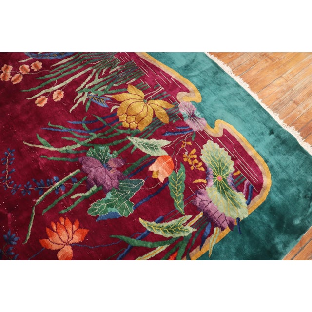 Zabihi Collection Burgundy Emerald Green Antique Chinese Art Deco Carpet For Sale In New York - Image 6 of 10