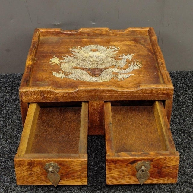 1990s Rosewood Mother‑of‑Pearl Inlaid Dragon Box, 2 Drawer Tabletop Caddy / Tea Tray For Sale - Image 5 of 9