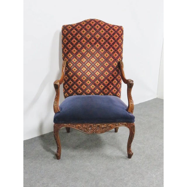 Louis XV style arm chair made by Fairfield , full carved walnut frame , cut velvet diamond print fabric back with blue...