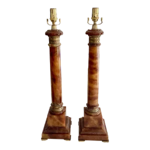 Pair Marbro Neoclassic Amber Column Alabaster Table Lamps