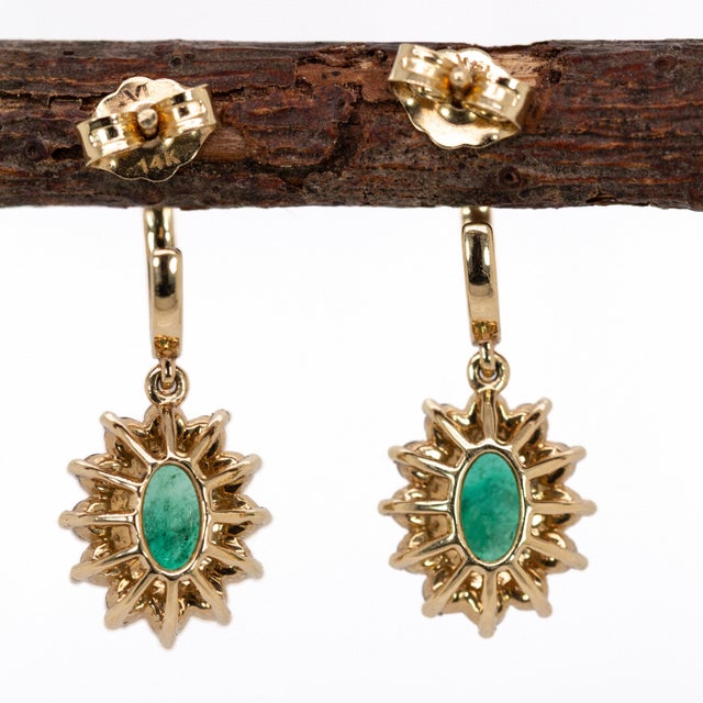 Sunburst Zambian Emerald Earrings W Natural Diamonds in 14k Solid Gold Ov 7x5mm- Set of 2 For Sale In Columbus - Image 6 of 6