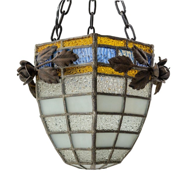 French Art Deco Ceiling Lamp in Lead and Textured Glass, 1930s For Sale