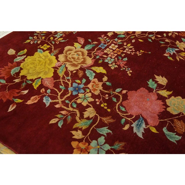 1930s Ruby Red Modern Floral Antique Chinese Art Deco Carpet 8'10" X 11'8" Knotted Wool Rug For Sale In New York - Image 6 of 9
