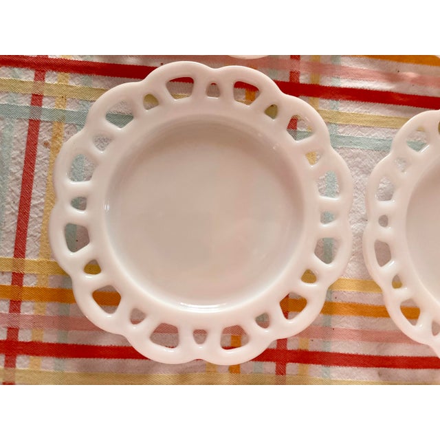 Glass Hazel-Atlas White Milk Glass Open Lace Edge Luncheon Plates, Set of 4 – 8.25” For Sale - Image 7 of 8