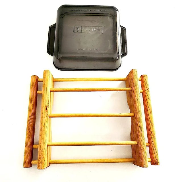 1970s Oak Wood Cradle Trivet and Black Tempered Glass Casserole Dish, 2 Piece Set For Sale - Image 9 of 10