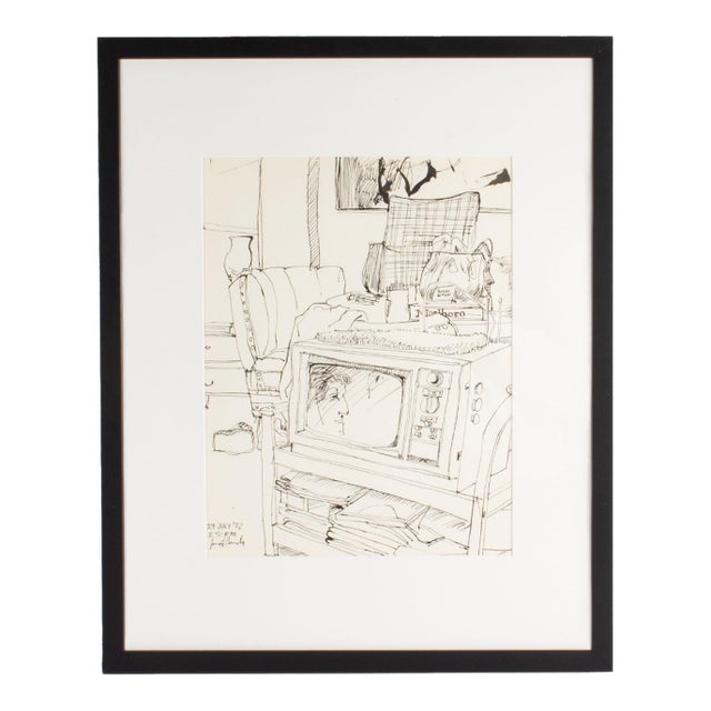 1972 Ink Drawing of an Interior by James L. Bruch For Sale
