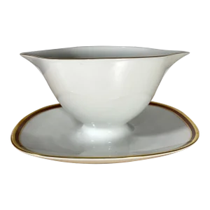 1970s Rosenthal Continental 3483 Gravy Boat With Attached Underplate - Gold & Brown Bands on White, Gold Trim