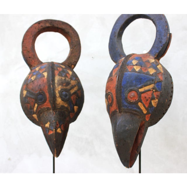 Hand-Carved African Bird Masks with Polychrome Pigments, Mid-20th Century, Set of 2 For Sale - Image 10 of 17