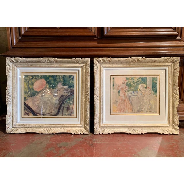 Mid 20th Century Pair French Louis Icart Lithographs in Carved Painted Frames For Sale - Image 5 of 12