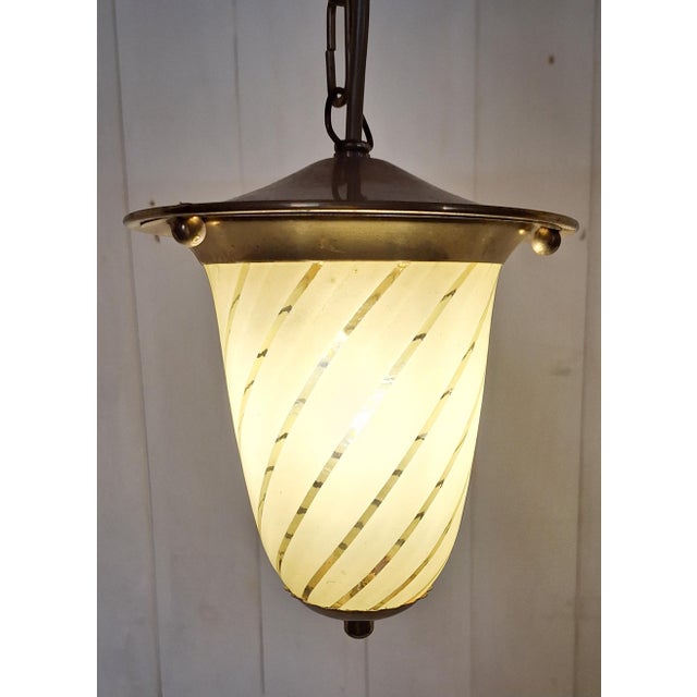 Metal Mid-Century German Ceiling Lamp with Brass Frame, Light Amber-Tinted Glass Shade and Spiral Decoration, 1950s For Sale - Image 7 of 7