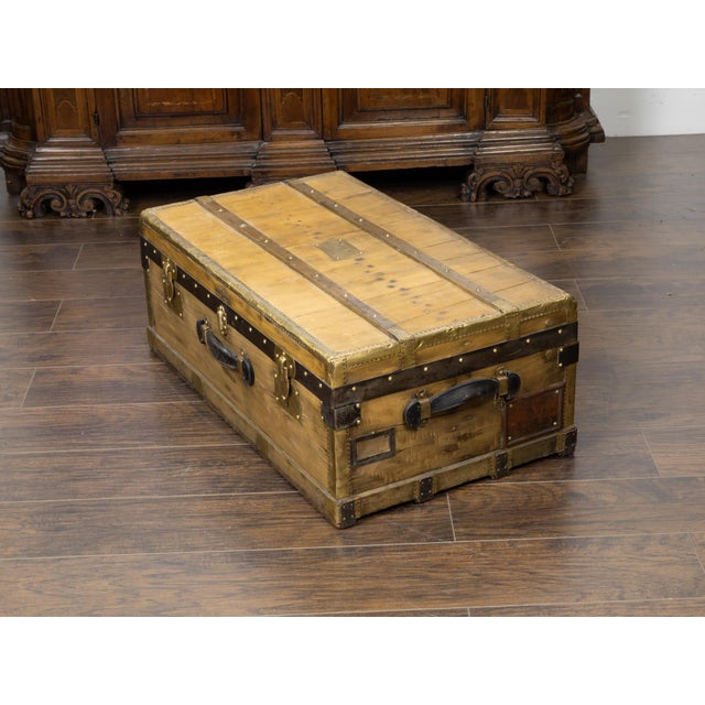 French 1930s Lavolaille Pine Trunk with Maker's Label and Monogram For Sale - Image 11 of 12