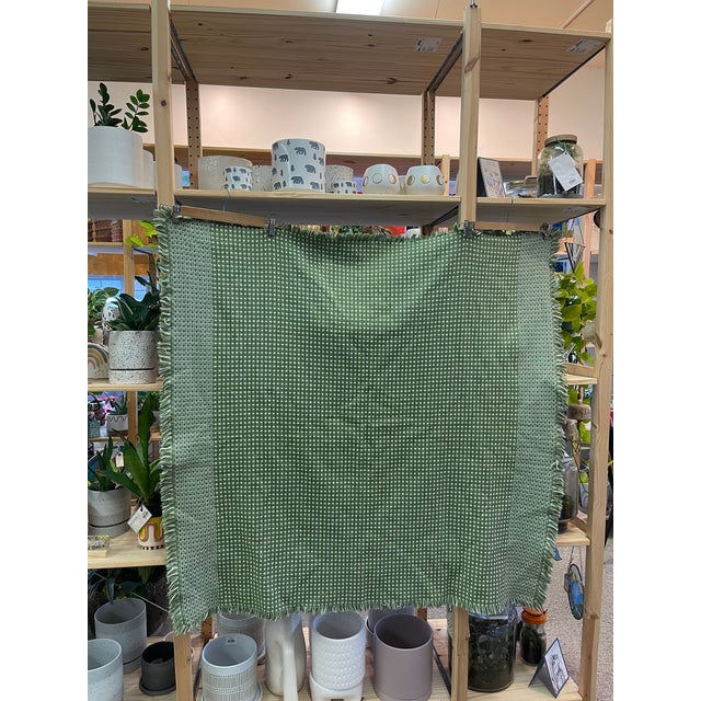 Vintage Olive Green and White Woven Throw Blanket With Fringe Edges For Sale - Image 4 of 10