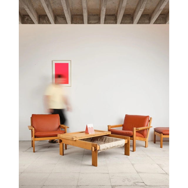 Brutalist Brutalist Oak and Leather with Lounge Chairs, Ottoman and Coffee Table by Tage Poulsen, Denmark, 1960s, Set of 4 For Sale - Image 3 of 18