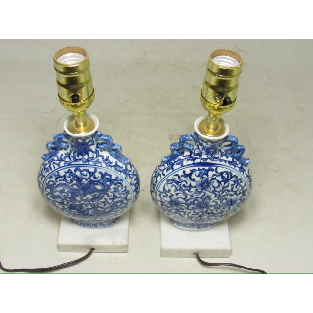 Pair of Chinese Blue and White Porcelain Moon Flask Shaped Lamps For Sale - Image 14 of 15