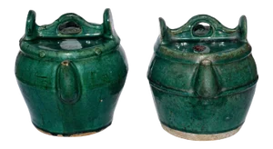 Green Glazed Shiwan Qing Dynasty Pottery Teapots- a Pair