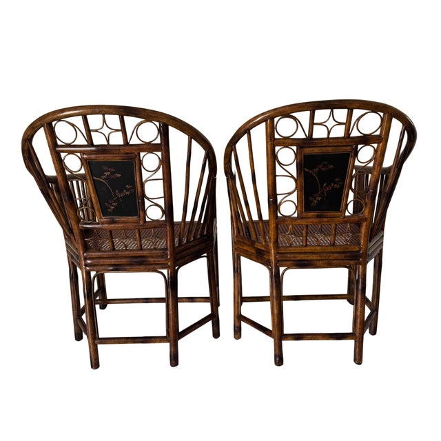 Chinoiserie Late 20th Century Attributed to Theodore Alexander Chinoiserie Bamboo Pavilion Armchairs With Custom Silk Down Cushions For Sale - Image 3 of 16