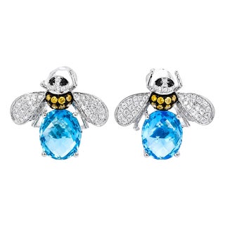 Late 20th Century Pair of 14K White Gold Blue Topaz Bumblebee Diamond Earrings For Sale