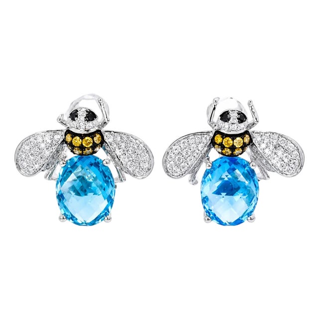 Late 20th Century Pair of 14K White Gold Blue Topaz Bumblebee Diamond Earrings For Sale