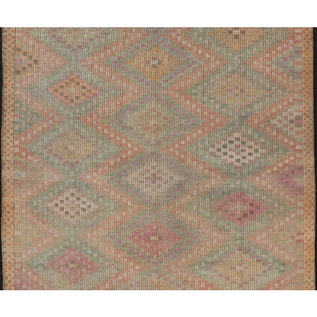 Vintage Turkish Kilim Rug With Peach, Sage, Gold and Soft Pink Diamonds 5'11 X 10'0 For Sale - Image 4 of 15