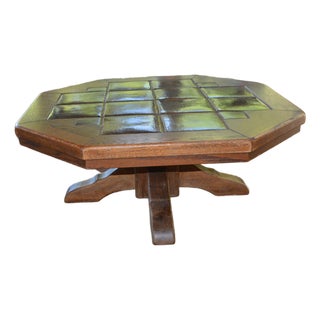 Vintage 1970's Mid Century Wood & Brown Glazed Tiled Top Octagonal Coffee Table Germany For Sale