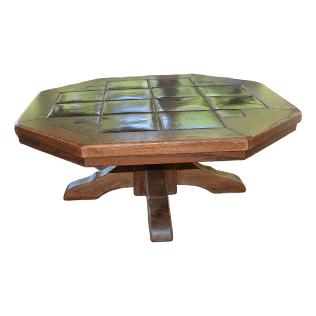 Vintage 1970's Mid Century Wood & Brown Glazed Tiled Top Octagonal Coffee Table Germany For Sale