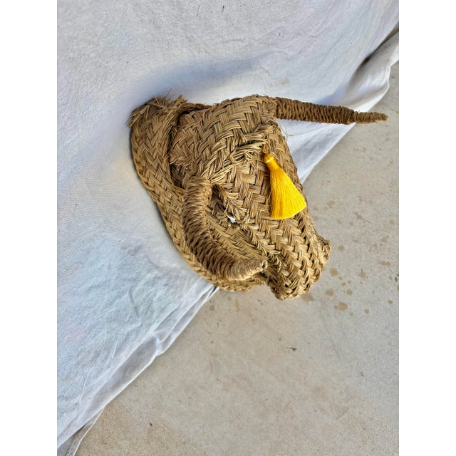 French Mid 20th Century French Wicker Rattan Minotaur Bull Head Sculpture Wall Decoration For Sale - Image 3 of 12