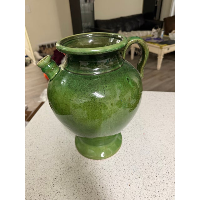 1980s French Pottery Terracotta Cruche Green Glaze Earthenware Planter 14in For Sale - Image 4 of 7
