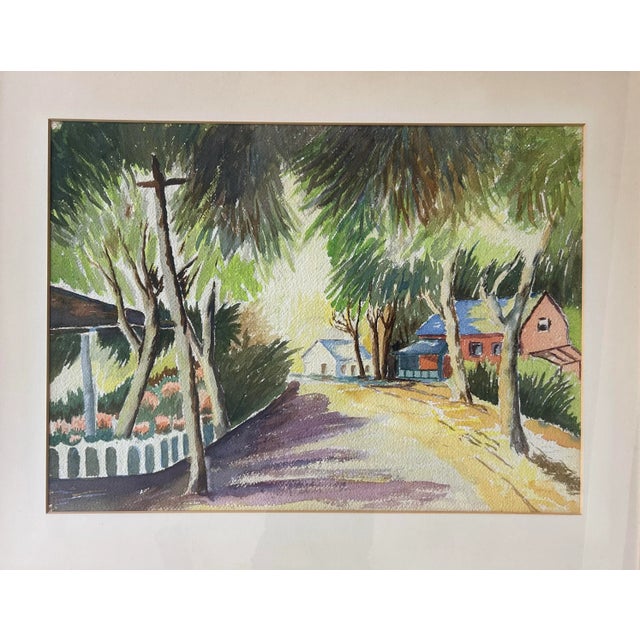Impressionist Vintage Original Large Framed Watercolor of a Beach Town Street Scene For Sale - Image 3 of 6