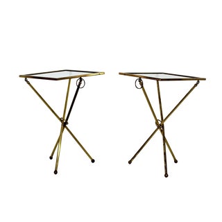 Mid Century Modern Pair Brass Glass Folding Side Tables Italian Lacca Era 1950s For Sale