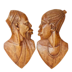 1940s Handmade African Wood Portrait Wall Carvings- Set of 2