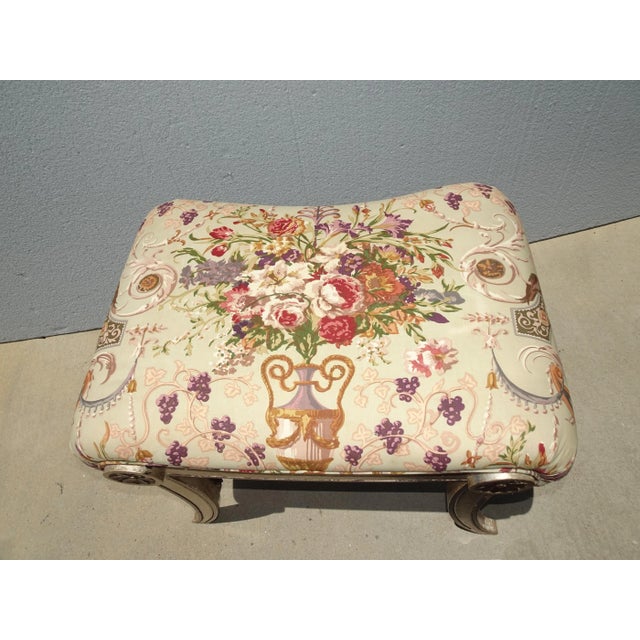 Vintage French Country Floral Vanity Bench W Silver Gilt Base #1 For Sale In Los Angeles - Image 6 of 12