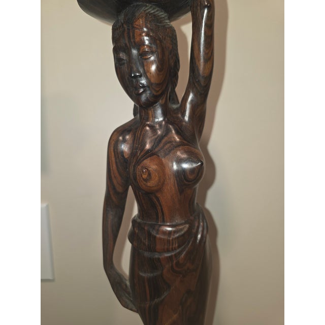 Monumental Mid-Century Two-Tone Macassar Ebony Balinese Harvest Maiden & Water Carrier Sculptures – Pair For Sale - Image 10 of 12