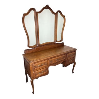 Vintage French Dressing Table with Mirror in Oak For Sale