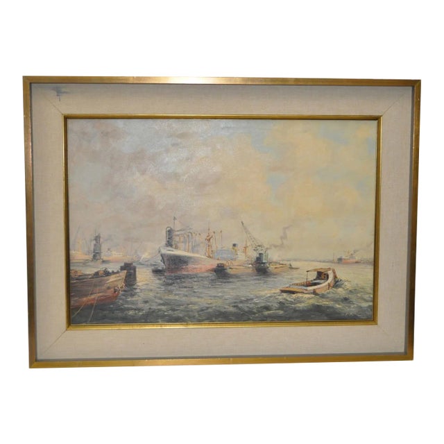 Jan Schaeffer "Ships in Port" Original Oil Painting C.1930s For Sale