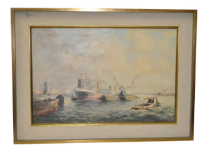 Jan Schaeffer "Ships in Port" Original Oil Painting C.1930s